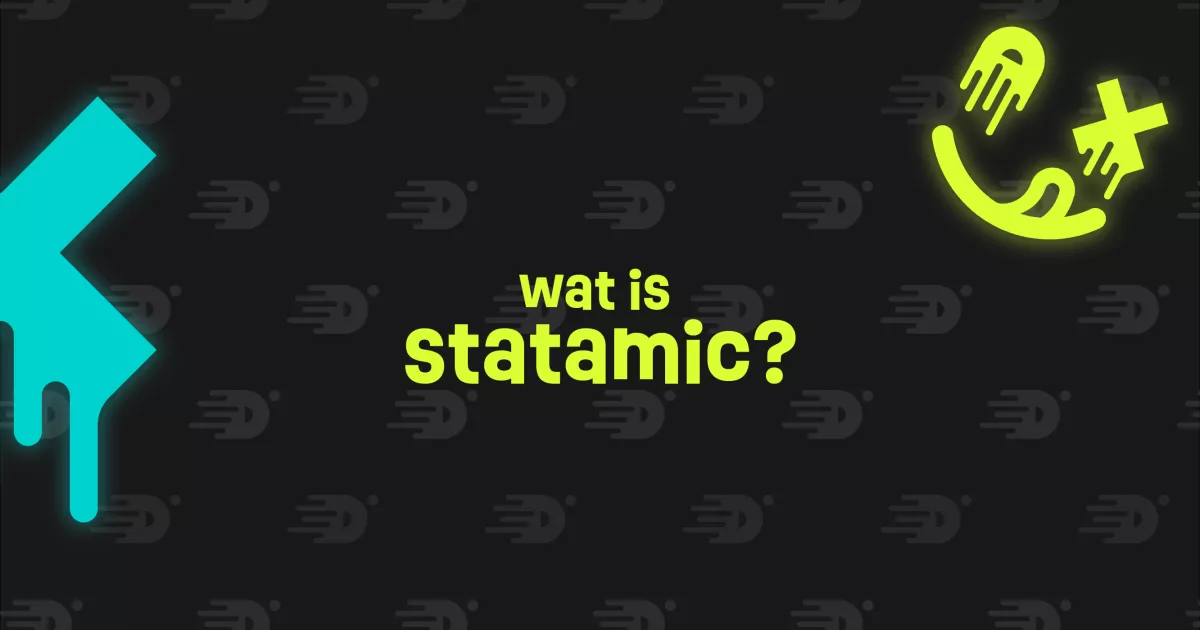 Tekst "wat is statamic?" op een donkere achtergrond met turquoise en gele abstracte vormen.
