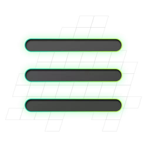 Groene geometrische vormen met zwarte balken, omlijst door diagonaal georiënteerde lijnen op een zwarte achtergrond.