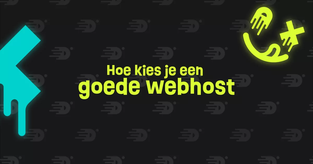 Een afbeelding met de tekst: "Hoe kies je een goede webhost" op een donkere achtergrond met neonaccenten en abstracte vormen.