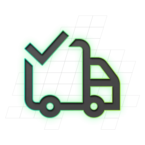 Pictogram van een vrachtwagen met een vinkje, omgeven door een groene gloed en een rasterpatroon.