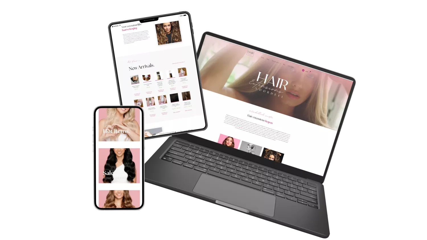 Laptop, tablet en smartphone tonen een website over hairextensions, met afbeeldingen van producten en modellen.