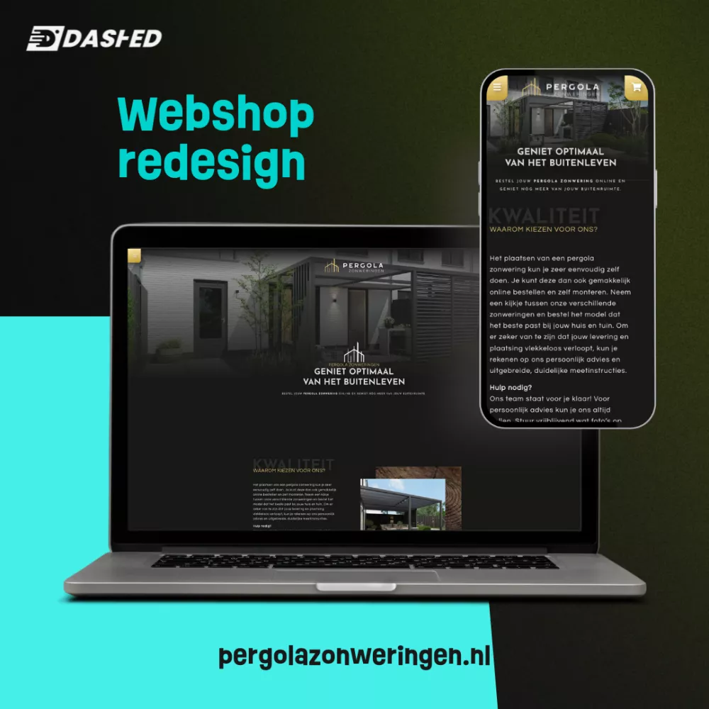 Laptop en smartphone met nieuwe webshop interface voor pergolazonweringen.nl, met de tekst "Webshop redesign" en het Dashed-logo.