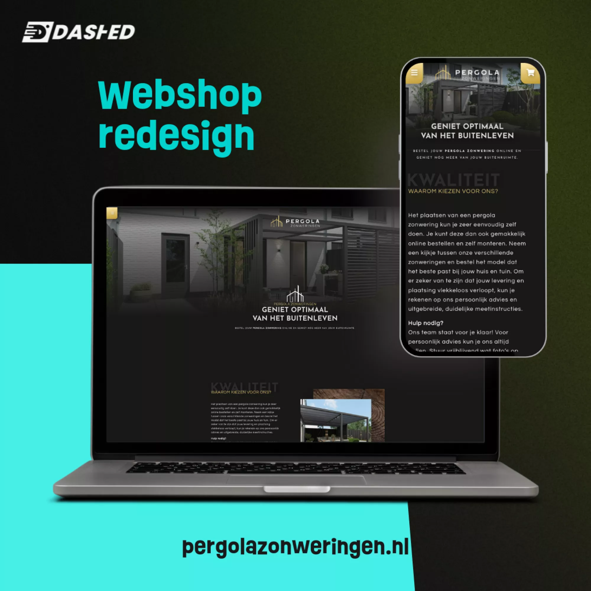 Laptop en smartphone met nieuwe webshop interface voor pergolazonweringen.nl, met de tekst "Webshop redesign" en het Dashed-logo.