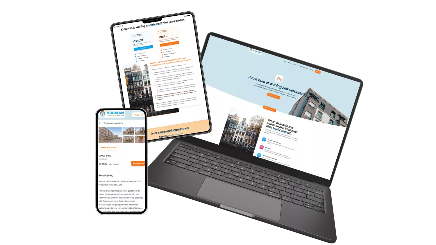 Afbeelding van een laptop, tablet en smartphone die verschillende pagina's van een vastgoedwebsite weergeven, gericht op het zelf verhuren van een woning.