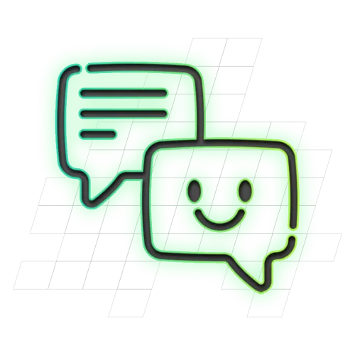 Twee spraakballon-pictogrammen: links met lijnen, rechts met een smiley-gezicht, op een groene achtergrond met een rasterpatroon.