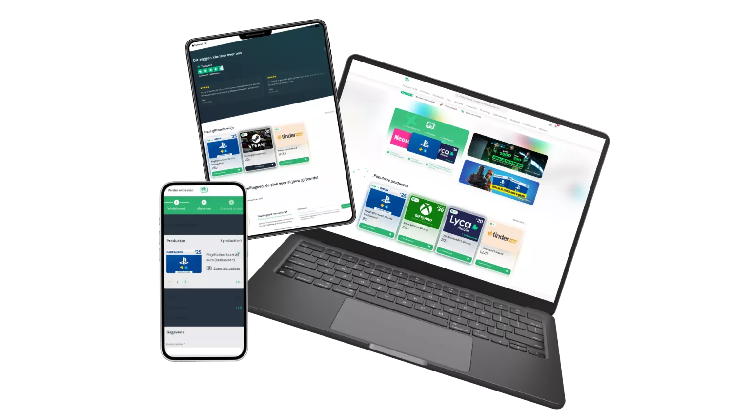 Laptop, tablet en smartphone tonen een online winkel met giftcards zoals Playstation en Steam.