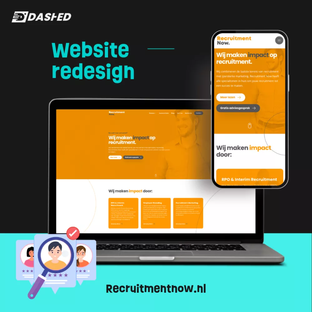 Website redesign van Recruitmentnow.nl met focus op impact in recruitment, weergegeven op laptop en mobiel. Donkere achtergrond met turkoois en oranje elementen.