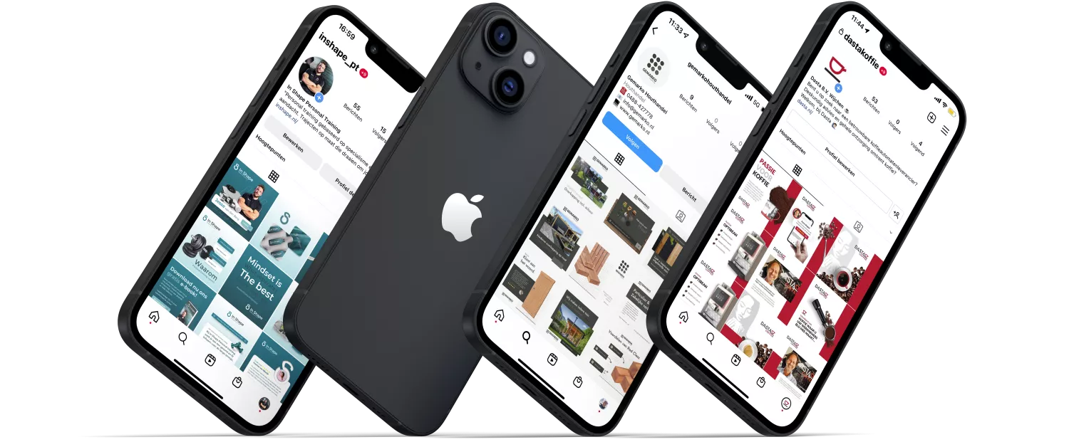 Vier iPhones met verschillende bedrijfsprofielen op Instagram op het scherm.