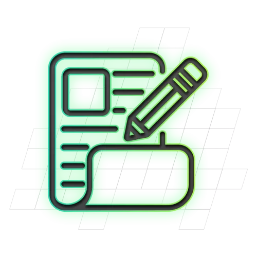 Illustratie van een document met een potlood erbovenop, omringd door een groen-gekleurd vierkant raster.