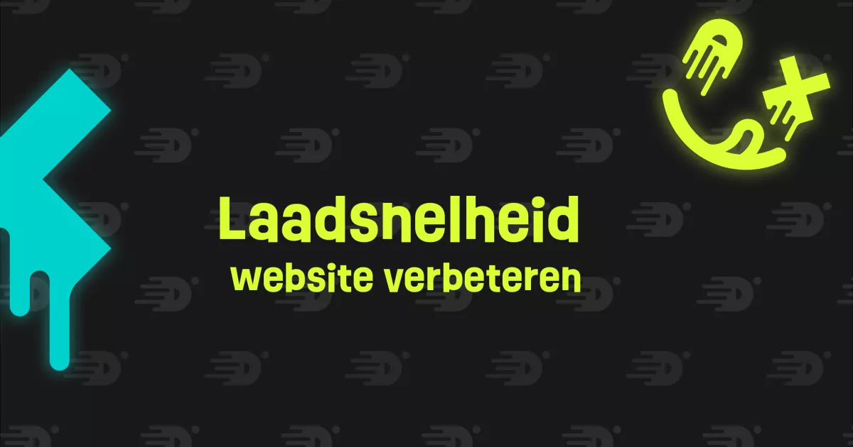 Achtergrond met patroonelementen, tekst: "Laadsnelheid website verbeteren" in felgele letters. Links een abstract blauwgroen element, rechtsboven een geelgroene illustratie.