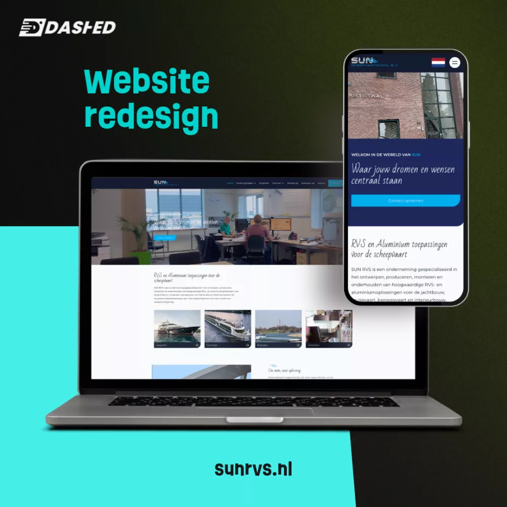 Een laptop en smartphone tonen het vernieuwde ontwerp van de website van sunrvs.nl, met de tekst "Website redesign" en het logo van Dashed.