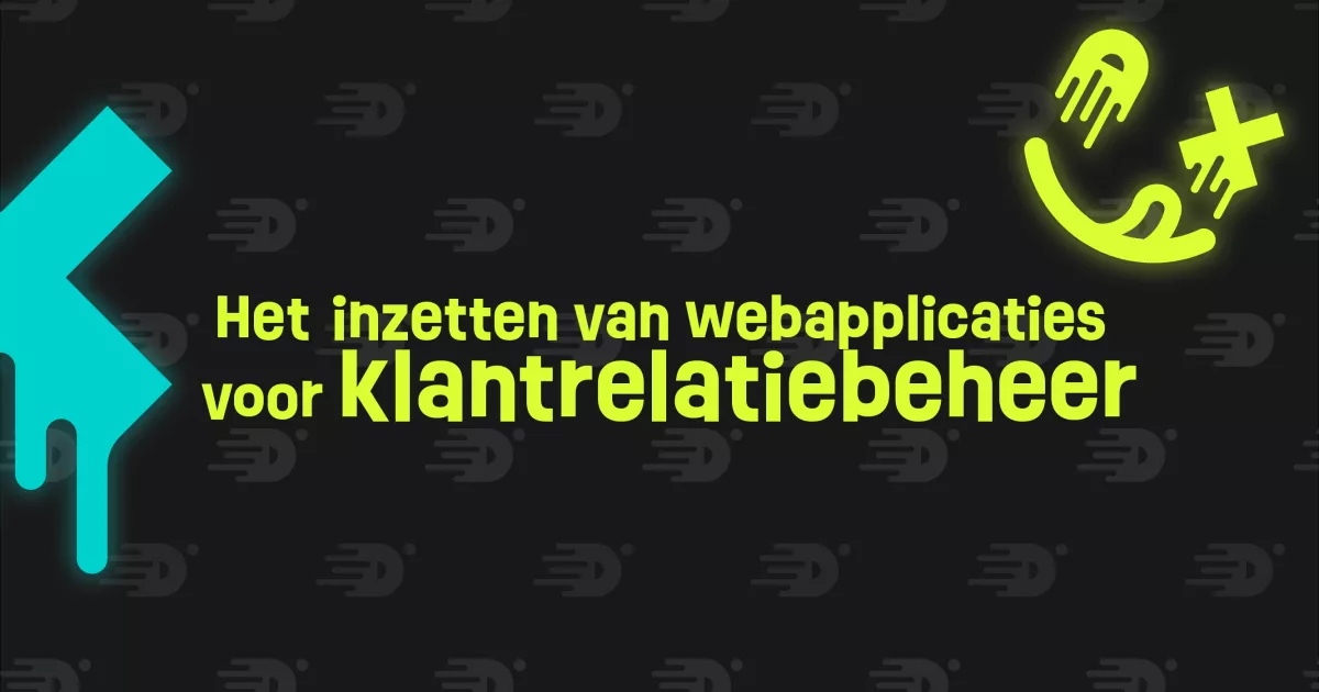 Tekst op een donkere achtergrond: "Het inzetten van webapplicaties voor klantrelatiebeheer". Links is een blauwgroen abstract symbool, rechts een geelgroen telefoon en kruisje.