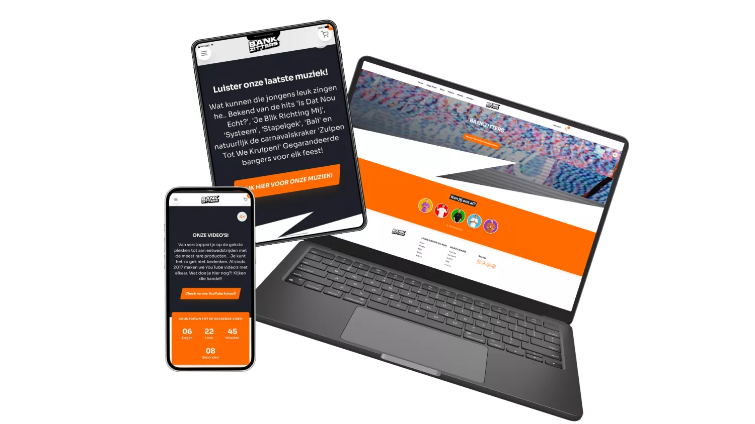 Drie apparaten met de website van Bankzitters. Laptop, tablet en smartphone tonen muziek en video's met oranje en zwarte thema's.