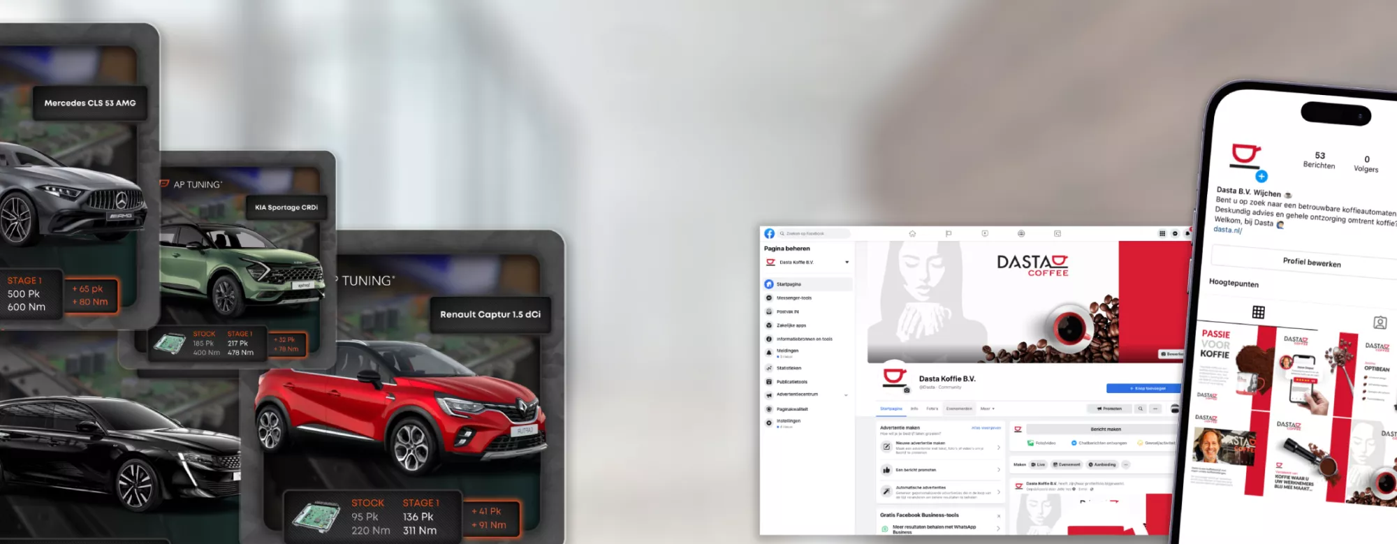 Drie kaarten met automodellen en vermogensspecificaties links, rechts Dasta Koffie online profielen op computerscherm en smartphone, koffiebranding zichtbaar.